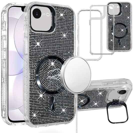 iPhone 17E / 16E / SE4 Luxury Glitter Magnetic Hybrid Case with Camera Stand - Black (1108281)(MSRP $49.99)