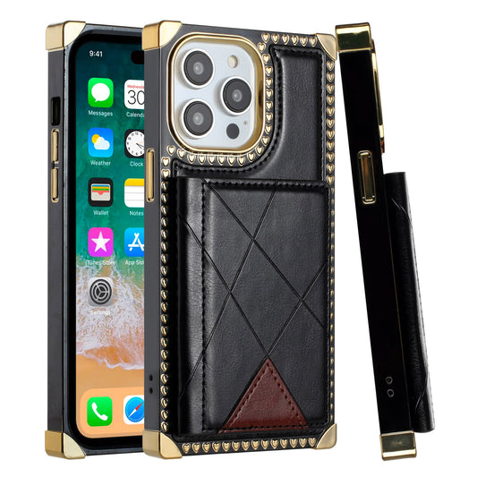 iPhone 11 (XI6.1) Card Holder Passion Square Chromed Heart Ornaments PU Leather Case Cover - Black (1107072)