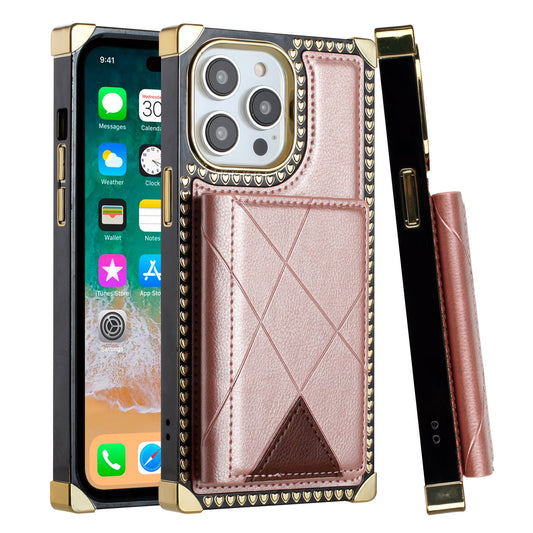 iPhone 11 (XI6.1) Card Holder Passion Square Chromed Heart Ornaments PU Leather Case Cover - Rose Gold (1107073)