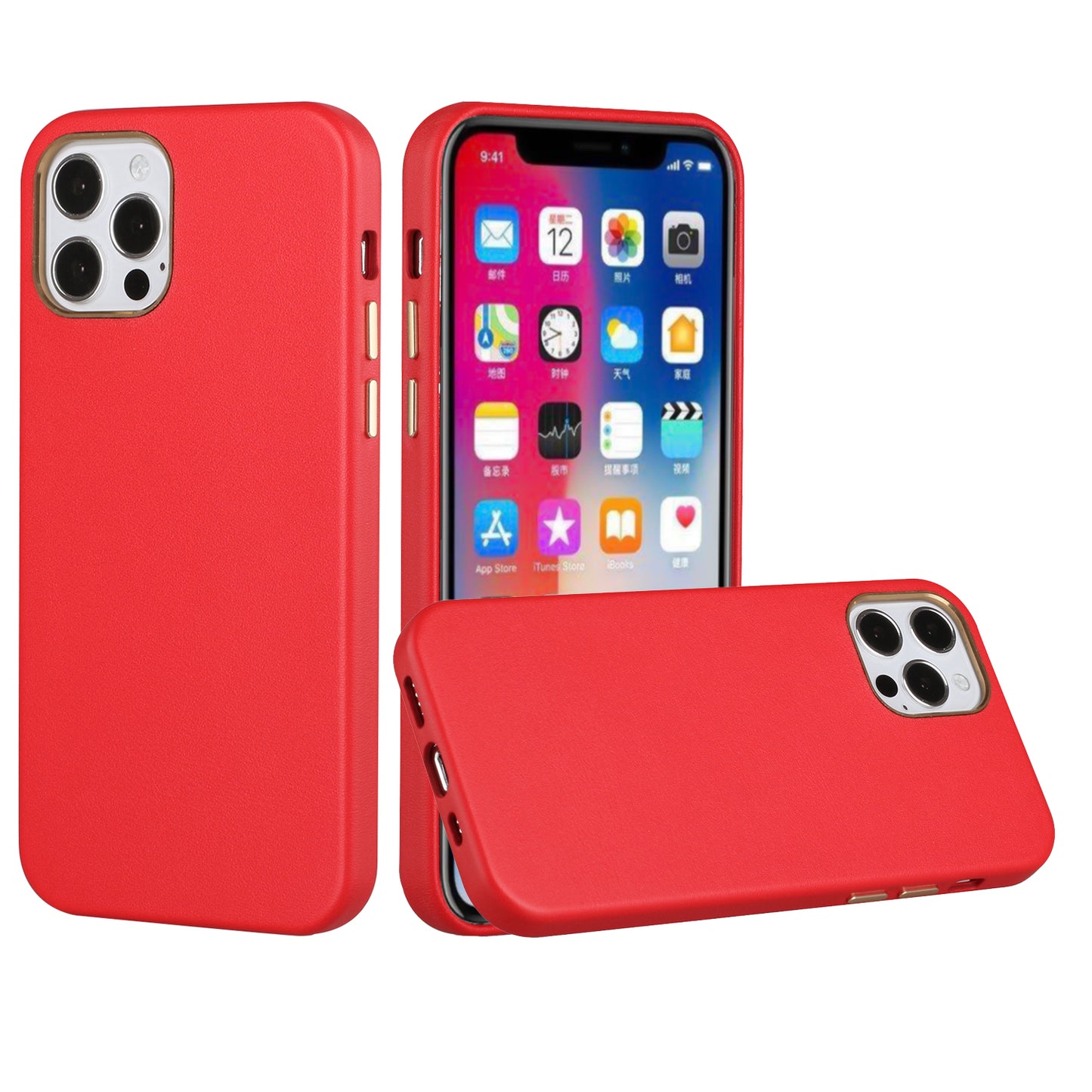Apple iPhone 12 Pro Max 6.7 Premium Electroplated Metal Chrome PU Leather Case Cover - Red (1101336)