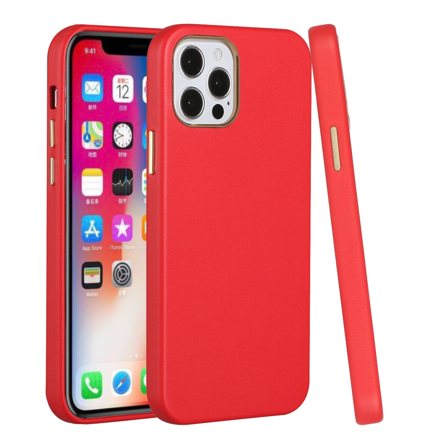 Apple iPhone 12 Pro Max 6.7 Premium Electroplated Metal Chrome PU Leather Case Cover - Red (1101336)