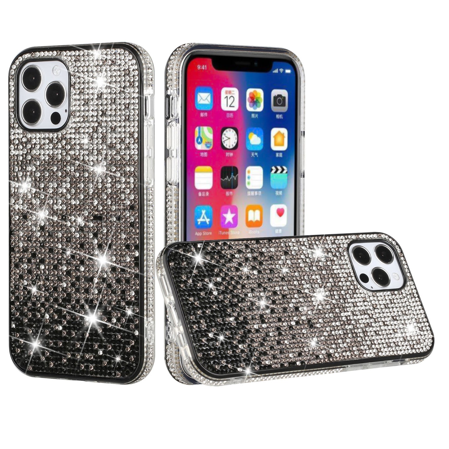 Apple iPhone 12 Pro Max 6.7 Party Diamond Bumper Bling Hybrid Case Cover - Black (1100755)