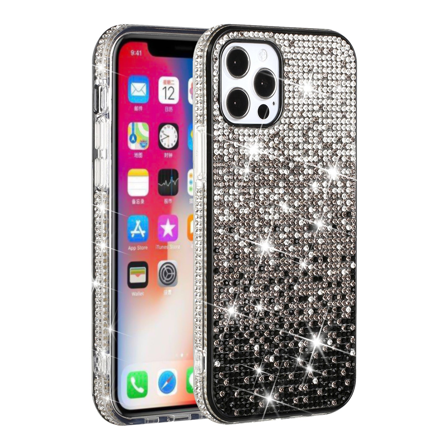 Apple iPhone 12 Pro Max 6.7 Party Diamond Bumper Bling Hybrid Case Cover - Black (1100755)