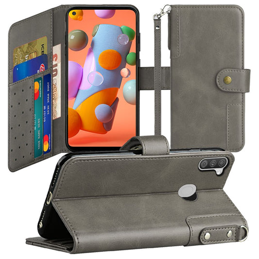 Samsung Galaxy A11 Retro Wallet Card Holder Case Cover - Gray (110086)