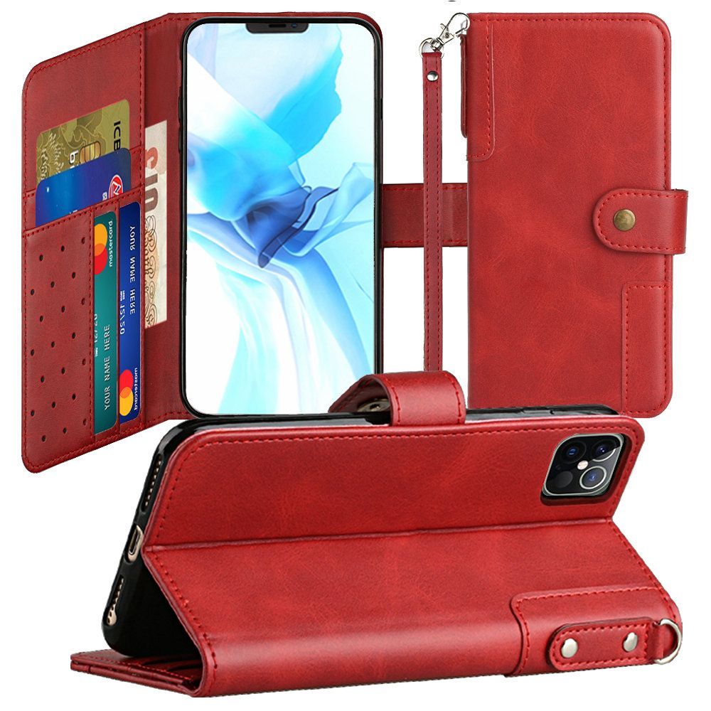 Apple iPhone 12 Pro Max 6.7 Retro Wallet Card Holder Case Cover - Red (110241)