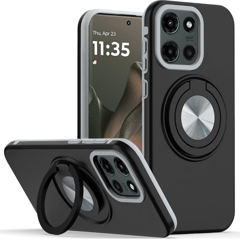 Motorola Edge 2025 Metal CD Pattern Matte Finished Hybrid with Rotational Ring [Car Mount Friendly] Case - Black  ( 1103553) (MSRP $39.99)