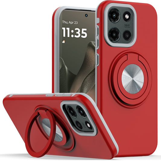 Motorola Edge 2025 Metal CD Pattern Matte Finished Hybrid with Rotational Ring [Car Mount Friendly] Case - Red  ( 1103555) (MSRP $39.99)