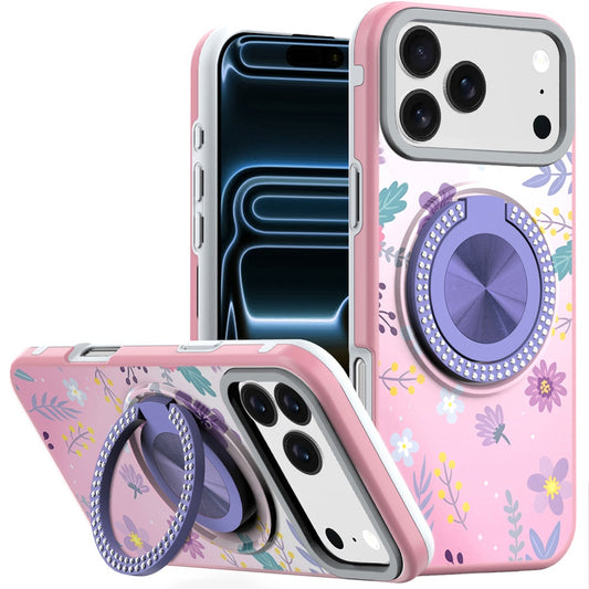 iPhone 17 Pro Max Metal Diamond CD Pattern Design Matte Finished Hybrid with Rotational Ring [Car Mount Friendly] Case - Floral C (1103172) (MSRP $49.99)