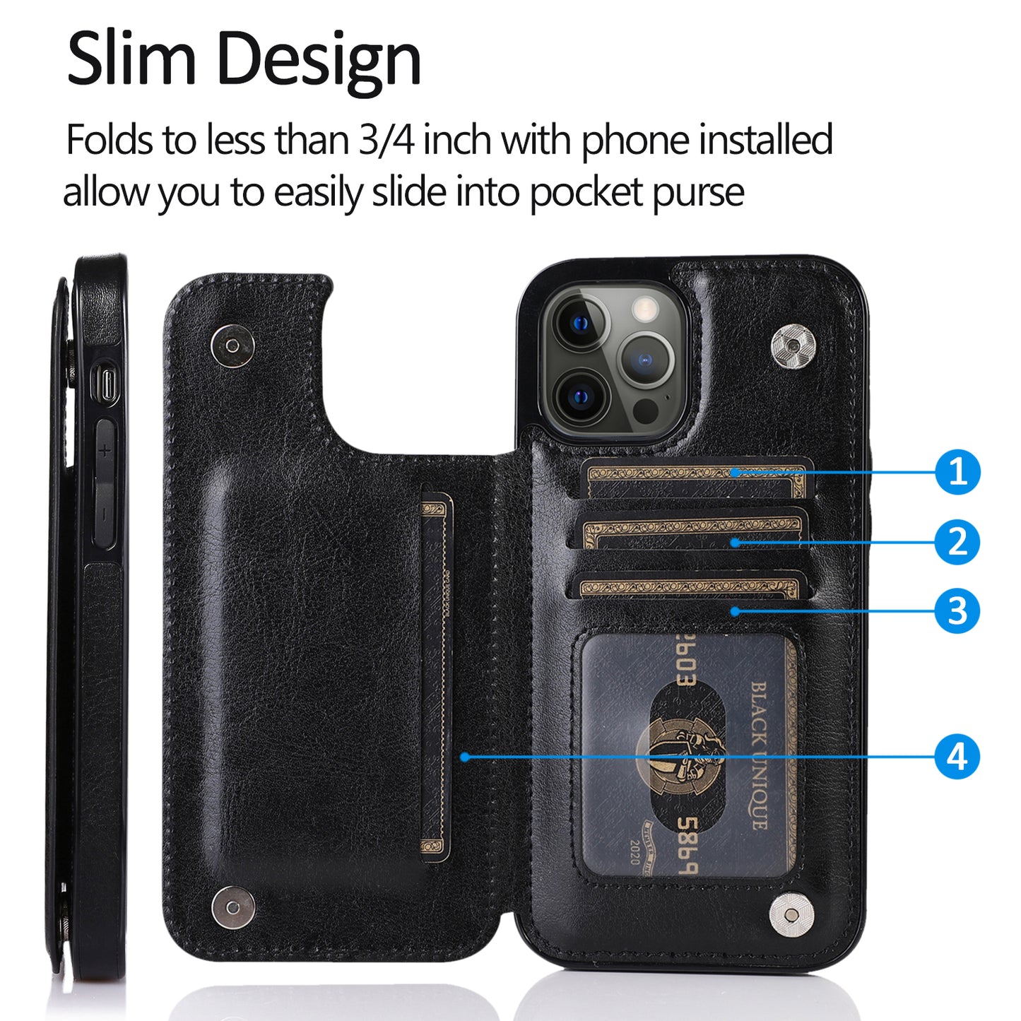 Apple iPhone 12 Mini 5.4 Luxury Side Magnetic Button Card ID Holder PU Leather Case Cover - Black (1101839)