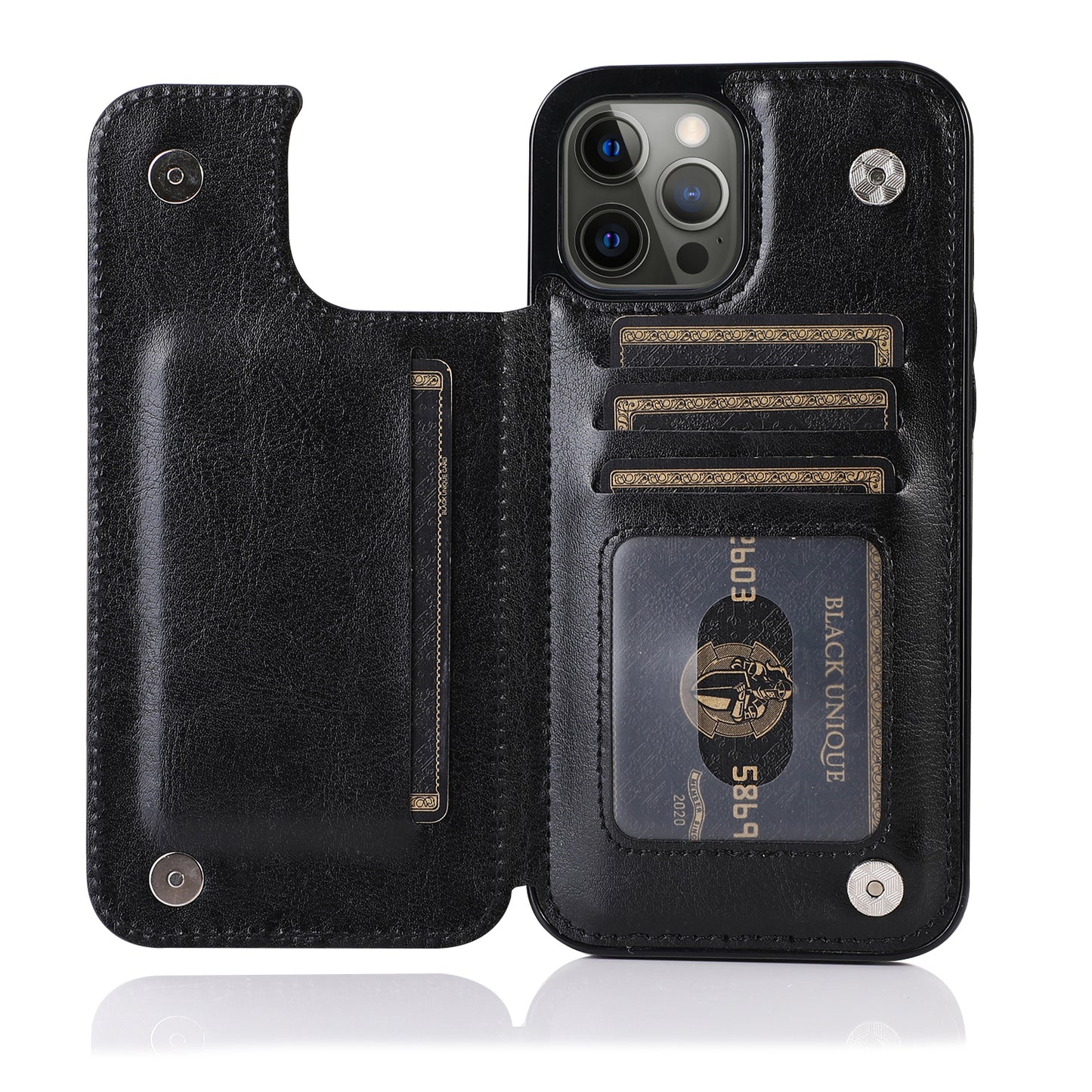 Apple iPhone 12 Mini 5.4 Luxury Side Magnetic Button Card ID Holder PU Leather Case Cover - Black (1101839)