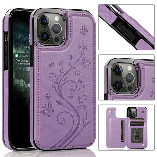 Apple iPhone XR Luxury Side Magnetic Button Card ID Holder PU Leather Case Cover - Light Purple Butterfly Swirl (1102742)
