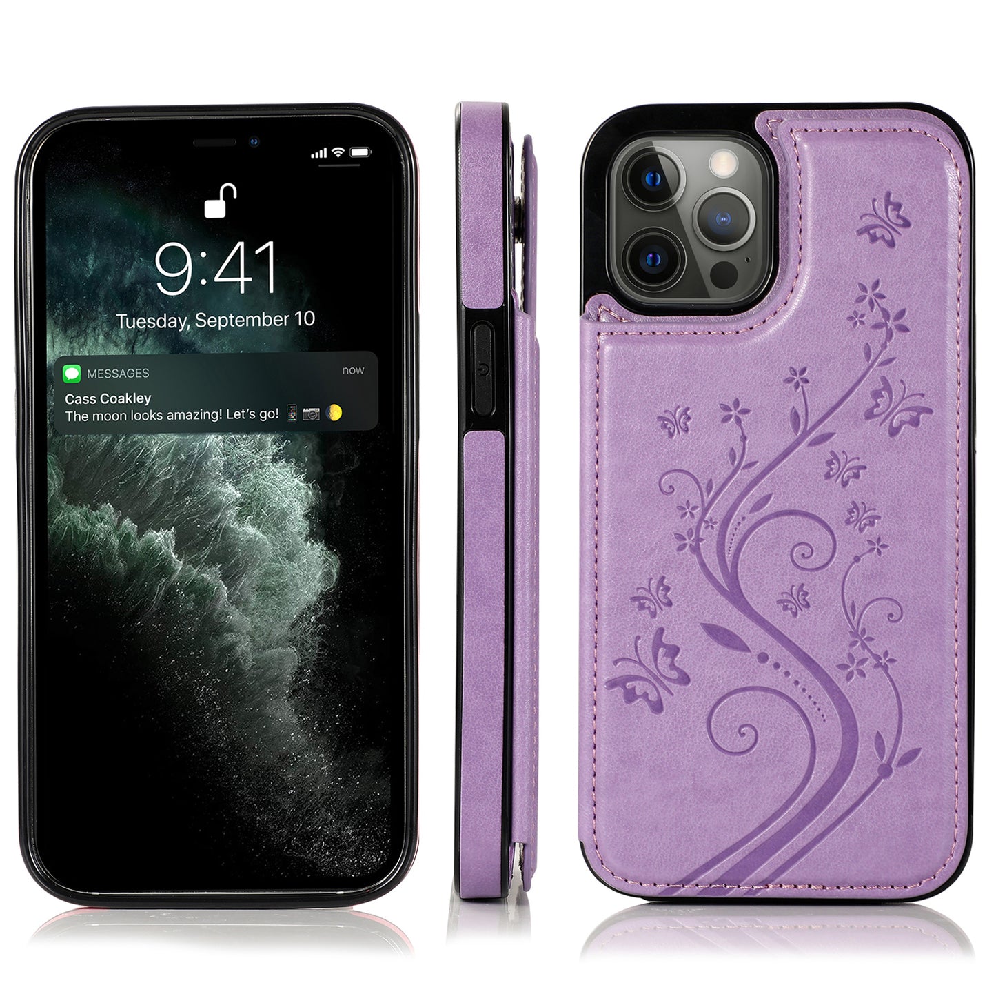 Apple iPhone XR Luxury Side Magnetic Button Card ID Holder PU Leather Case Cover - Light Purple Butterfly Swirl (1102742)