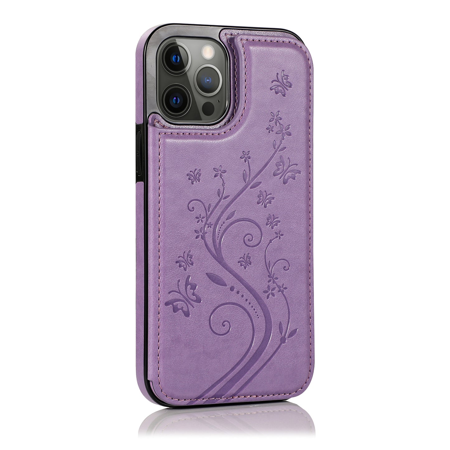 Apple iPhone XR Luxury Side Magnetic Button Card ID Holder PU Leather Case Cover - Light Purple Butterfly Swirl (1102742)