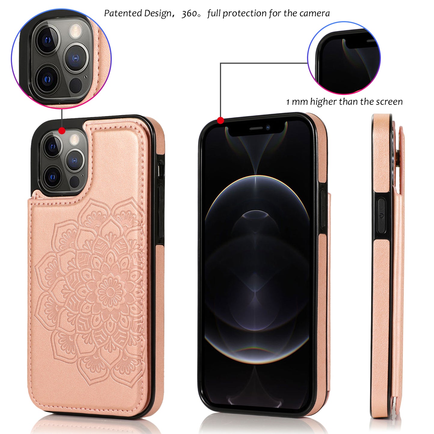 Apple iPhone XR Luxury Side Magnetic Button Card ID Holder PU Leather Case Cover - Rose Gold Mandala Flower (1102743)