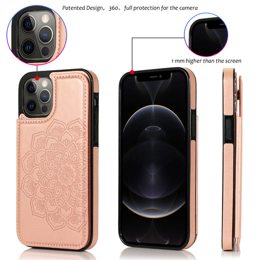 Apple iPhone XR Luxury Side Magnetic Button Card ID Holder PU Leather Case Cover - Rose Gold Mandala Flower (1102743)