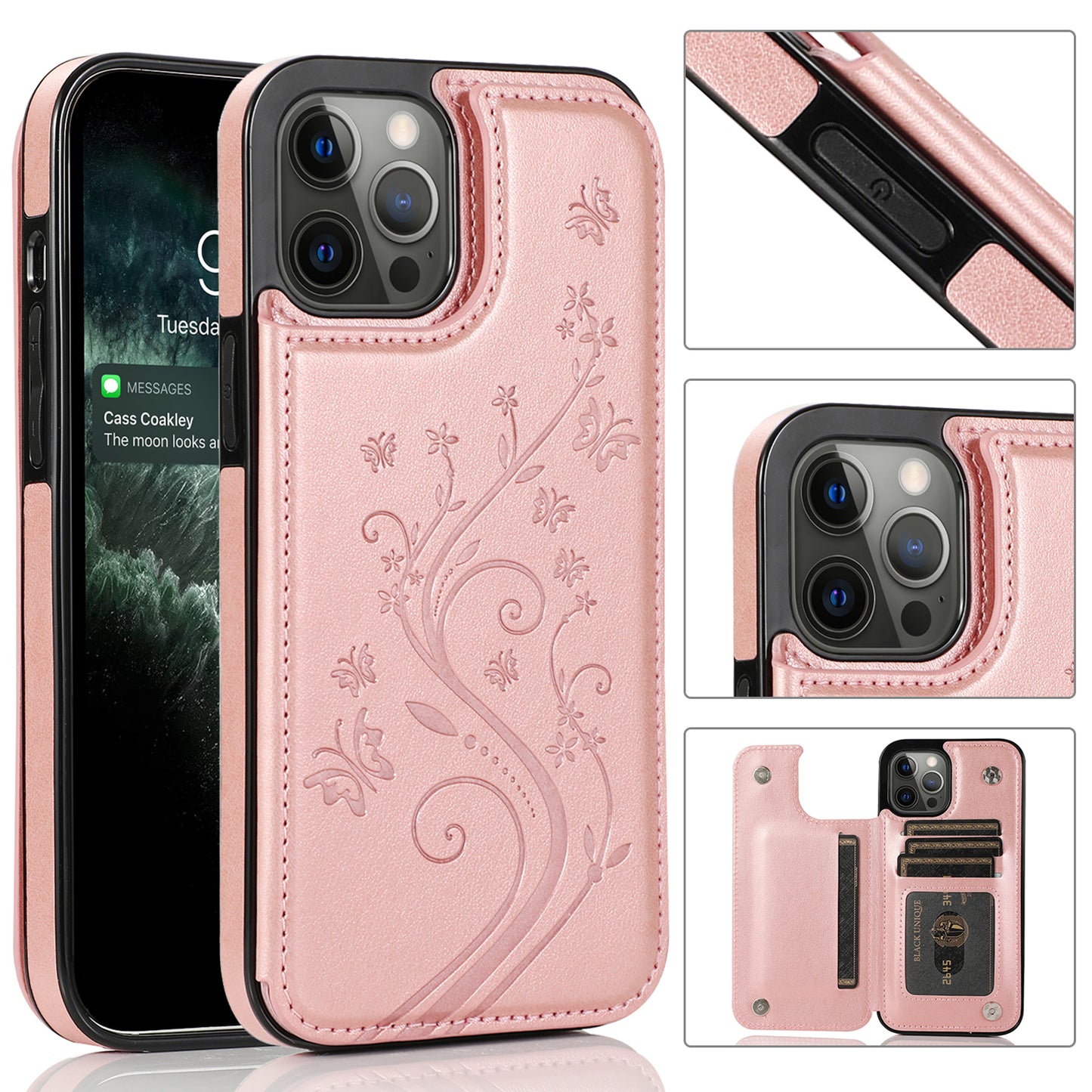 Apple iPhone 12 Pro Max 6.7 Luxury Side Magnetic Button Card ID Holder PU Leather Case Cover - Rose Gold Butterfly (1100449)