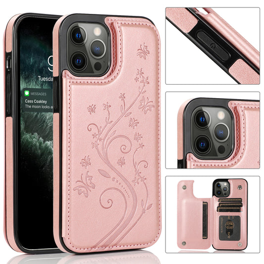 Apple iPhone 12 Pro Max 6.7 Luxury Side Magnetic Button Card ID Holder PU Leather Case Cover - Rose Gold Butterfly (1100449)