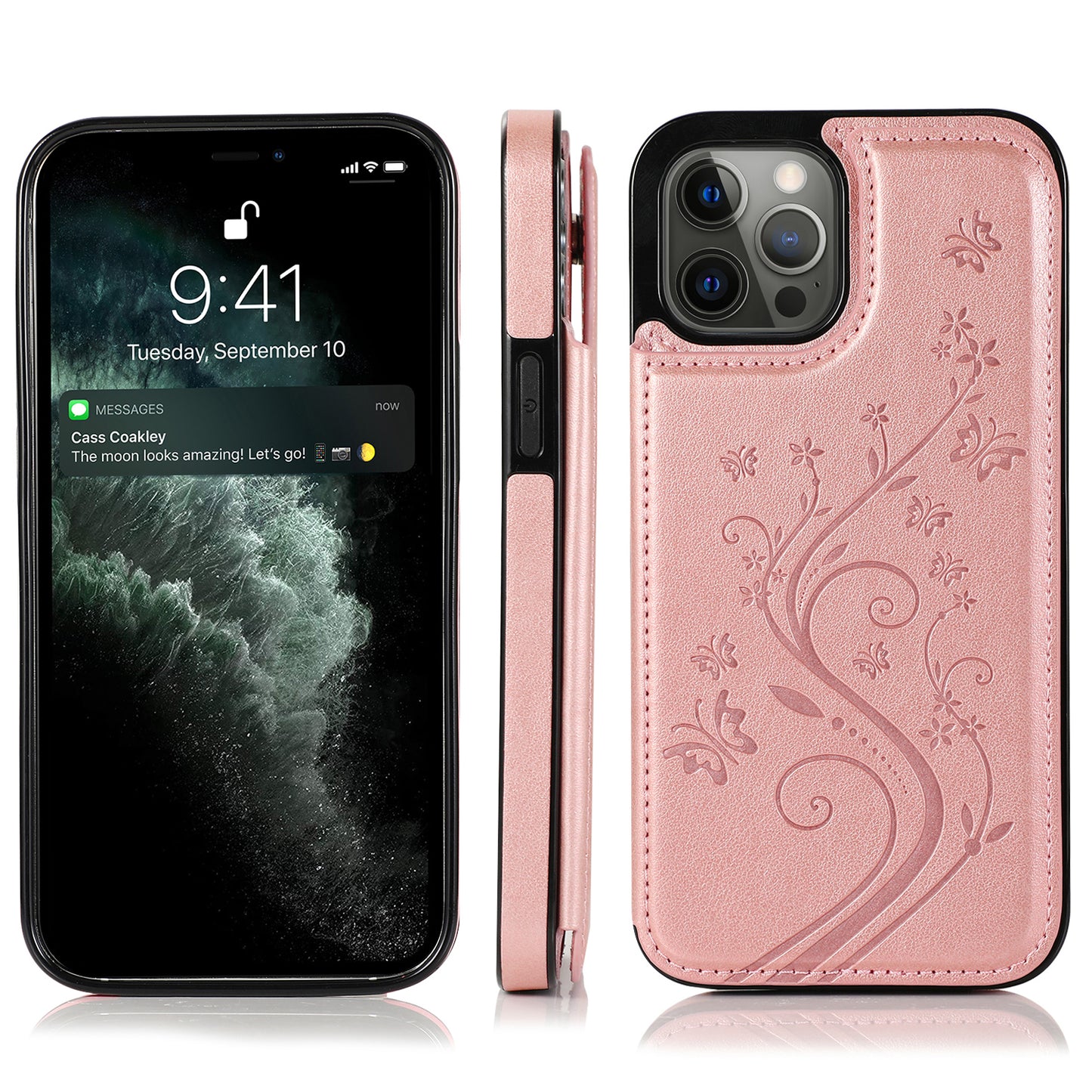 Apple iPhone 12 Pro Max 6.7 Luxury Side Magnetic Button Card ID Holder PU Leather Case Cover - Rose Gold Butterfly (1100449)