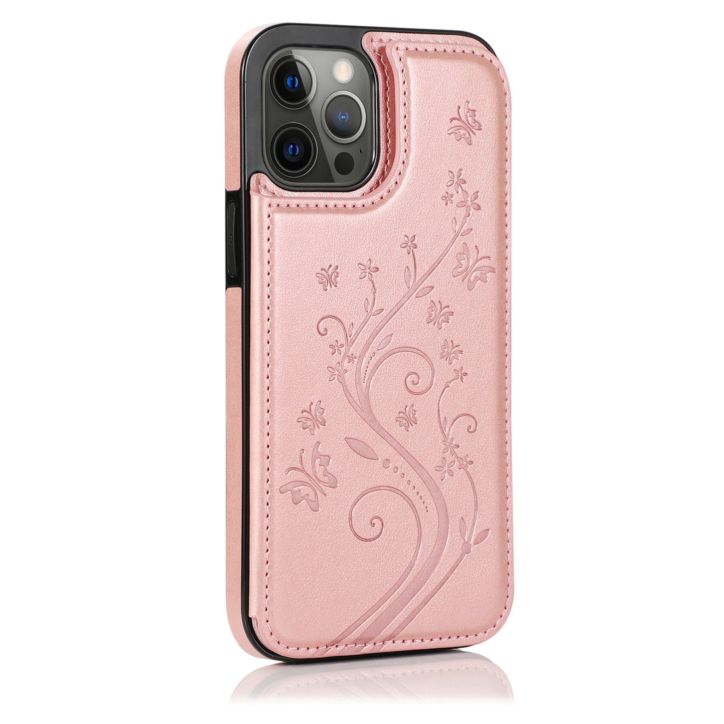 Apple iPhone 12 Pro Max 6.7 Luxury Side Magnetic Button Card ID Holder PU Leather Case Cover - Rose Gold Butterfly (1100449)