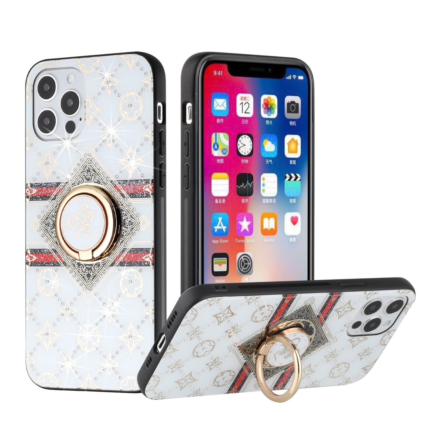 Apple iPhone 12 Pro Max 6.7 SPLENDID Diamond Glitter Ornaments Engraving Case Cover - Love Floral White (1101330)