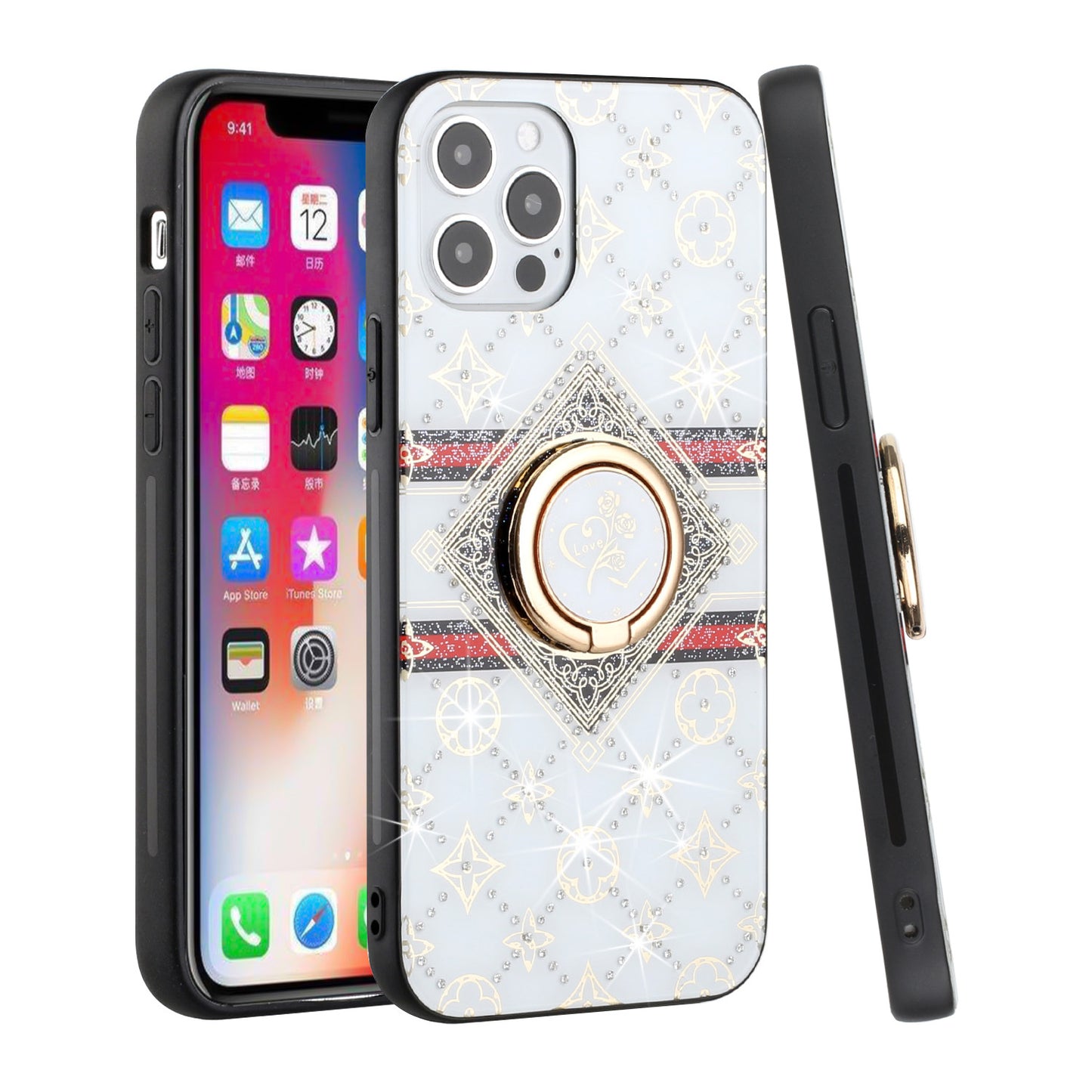 Apple iPhone 12 Pro Max 6.7 SPLENDID Diamond Glitter Ornaments Engraving Case Cover - Love Floral White (1101330)