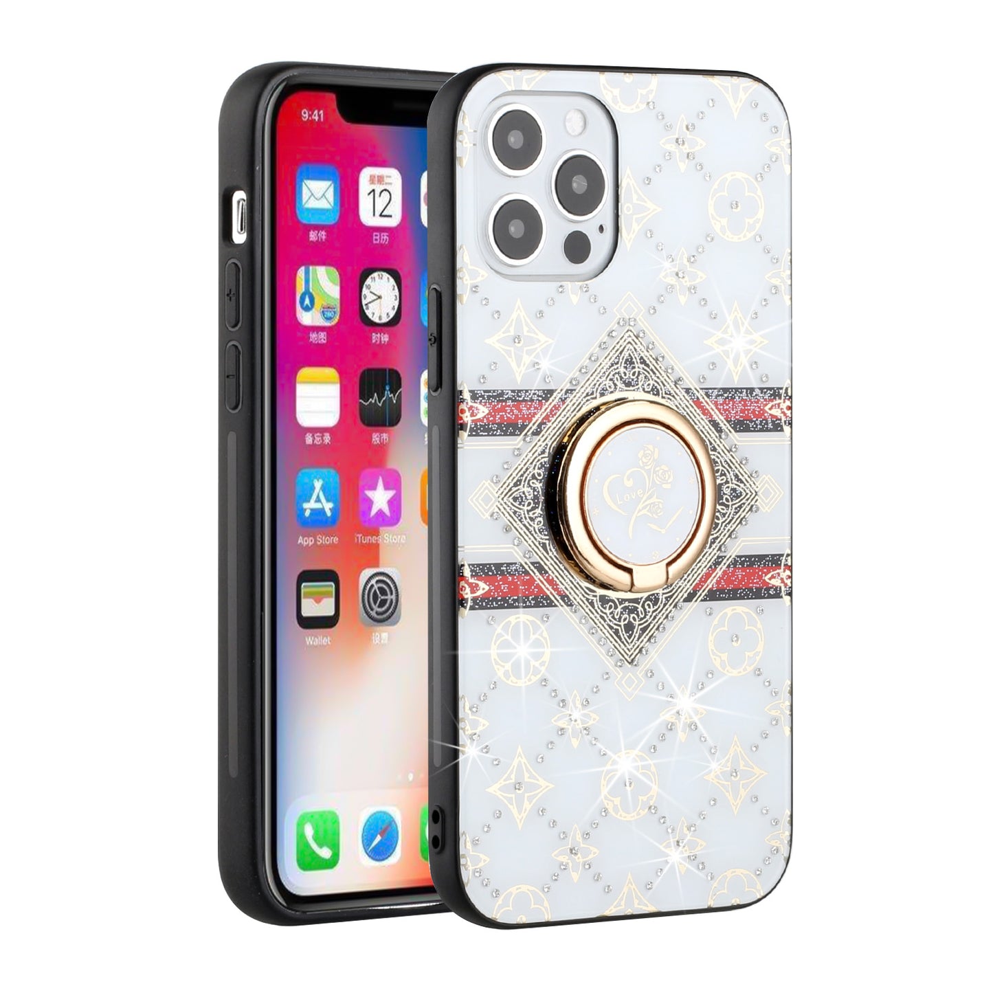 Apple iPhone 12 Pro Max 6.7 SPLENDID Diamond Glitter Ornaments Engraving Case Cover - Love Floral White (1101330)