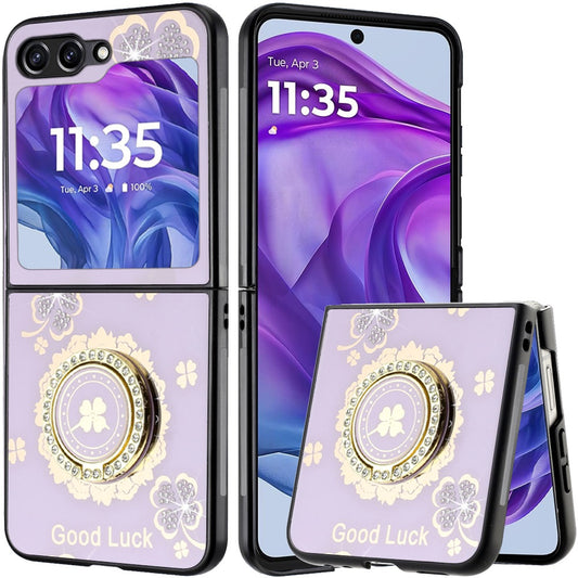 Motorola Razr 2024 SPLENDID Diamond Glitter Ornaments Engraving Case Cover - Good Luck Floral Purple (1107116)
