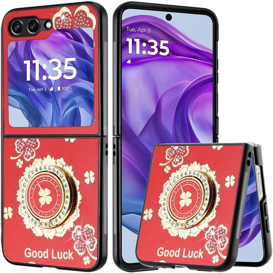 Motorola Razr 2024 SPLENDID Diamond Glitter Ornaments Engraving Case Cover - Good Luck Floral Red (1107118)