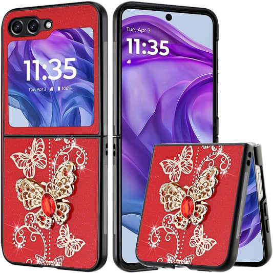Motorola Razr 2024 SPLENDID Diamond Glitter Ornaments Engraving Case Cover - Garden Butterflies Red (1107119)