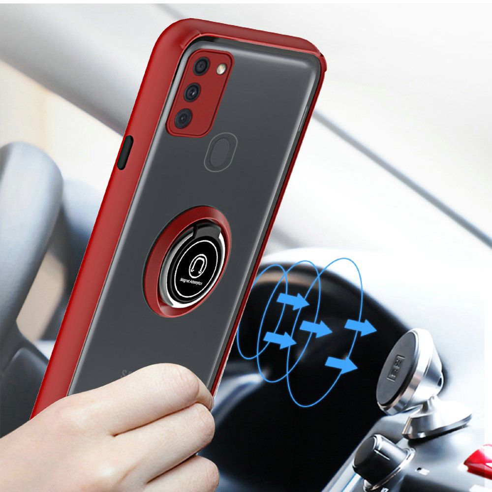Samsung Galaxy A11 Premium Painted Leather Oil PC TPU w/ Magnetic Metal Ring - Red (10254)