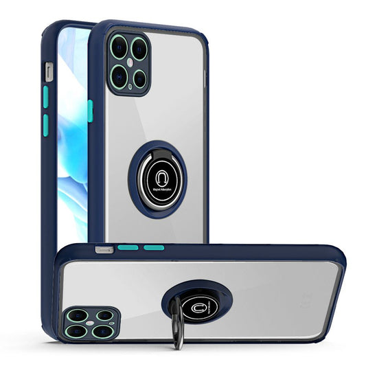 Apple iPhone 12 6.7 inch Premium Painted Leather w/ Magnetic Metal Ring- Blue (10306)