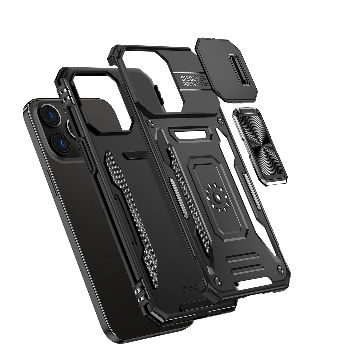 iPhone 15 Pro Max Utter Tough Metal Ring Movable Camera Window Hybrid Case Cover - Black (1106176)