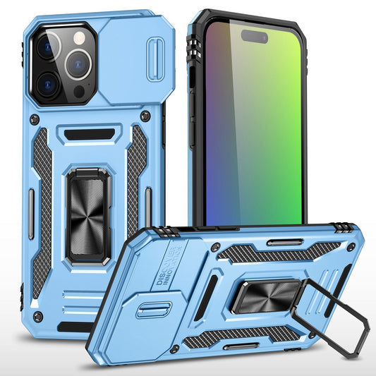 iPhone 15 Pro Max Utter Tough Metal Ring Movable Camera Window Hybrid Case Cover - Light Blue (1106177)