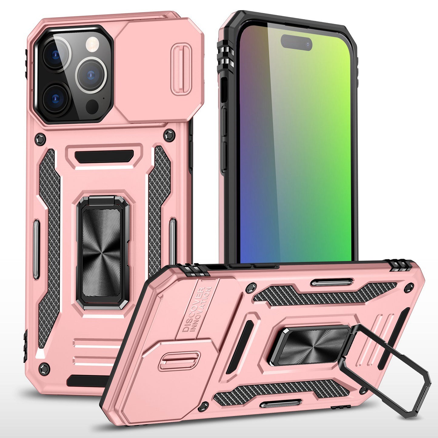 iPhone 15 Pro Max Utter Tough Metal Ring Movable Camera Window Hybrid Case Cover - Rose Gold (1106178)