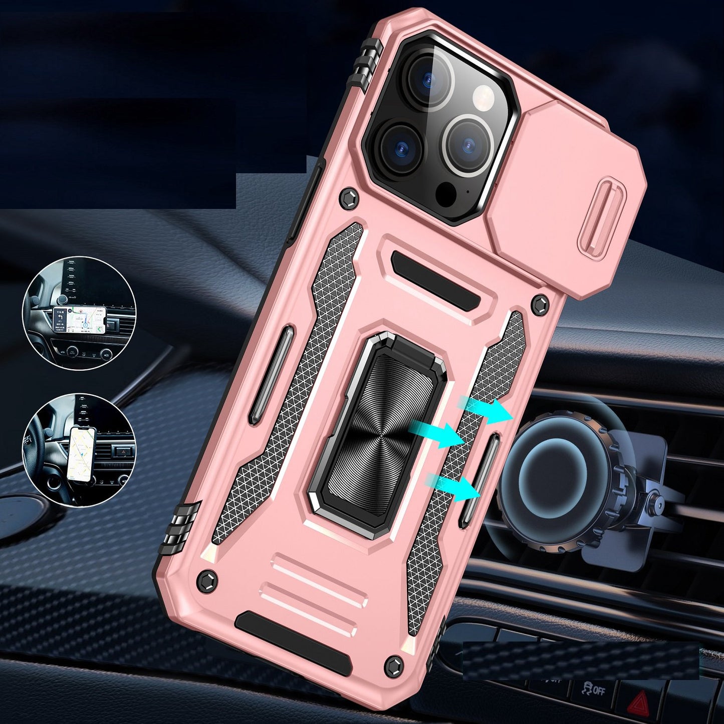 iPhone 15 Pro Max Utter Tough Metal Ring Movable Camera Window Hybrid Case Cover - Rose Gold (1106178)