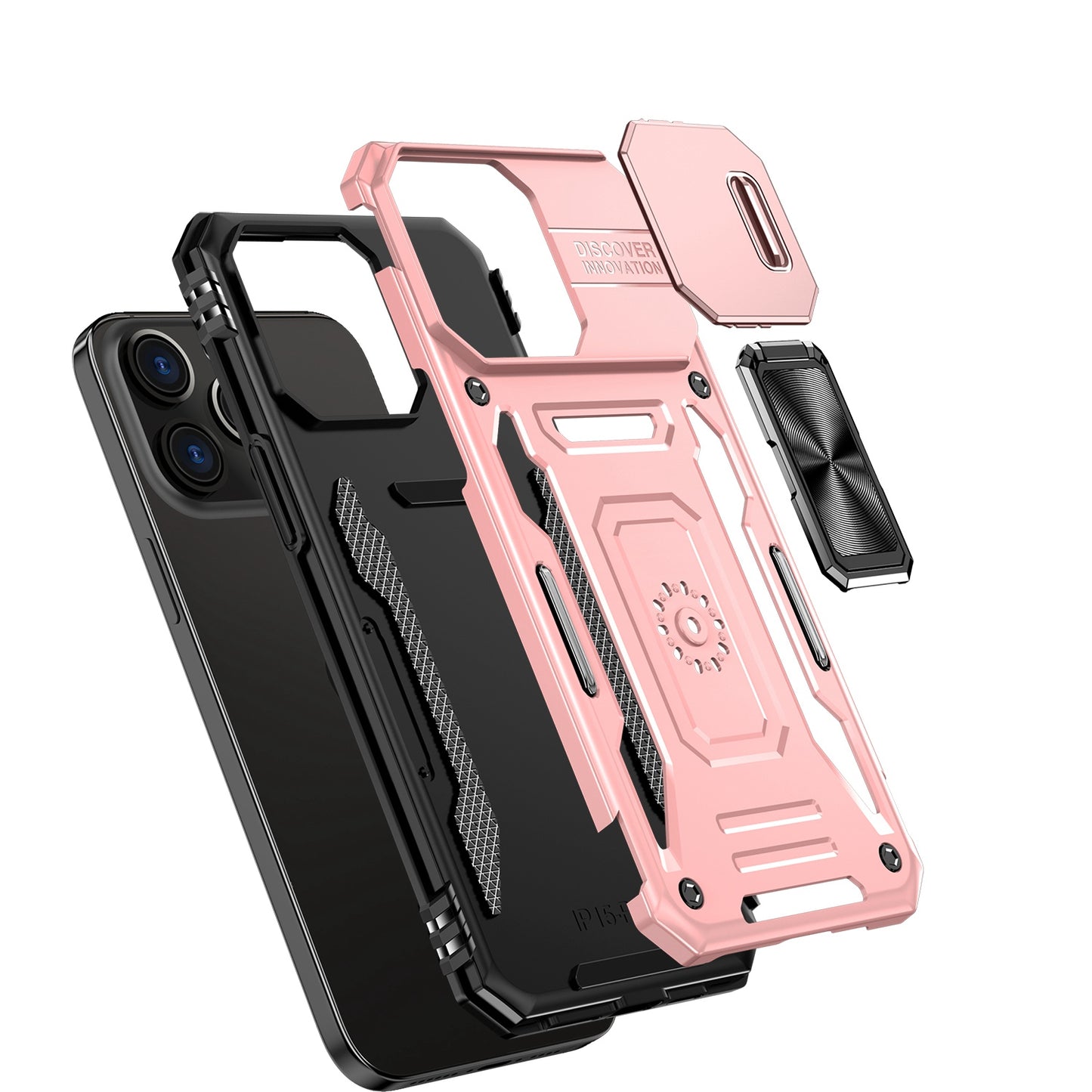 iPhone 15 Pro Max Utter Tough Metal Ring Movable Camera Window Hybrid Case Cover - Rose Gold (1106178)