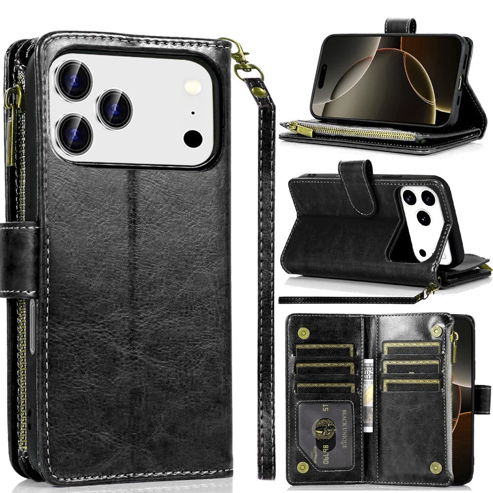 iPhone 17 Pro Max Luxury Wallet Card ID Zipper Money Holder Case Cover - Black ( 1107761) (MSRP $69.99)