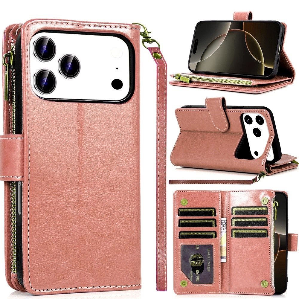 iPhone 17 Pro Max Luxury Wallet Card ID Zipper Money Holder Case Cover - Rose Gold ( 1107762) (MSRP $69.99)