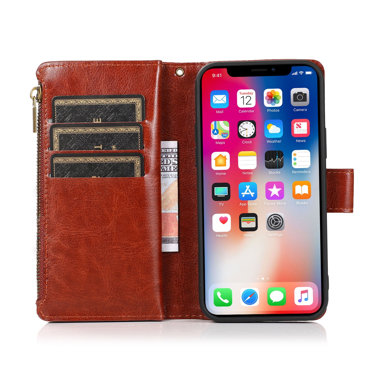 Moto G Play 2021 Luxury Wallet Card ID Zipper Money Holder Case Cover - Brown (1101381)