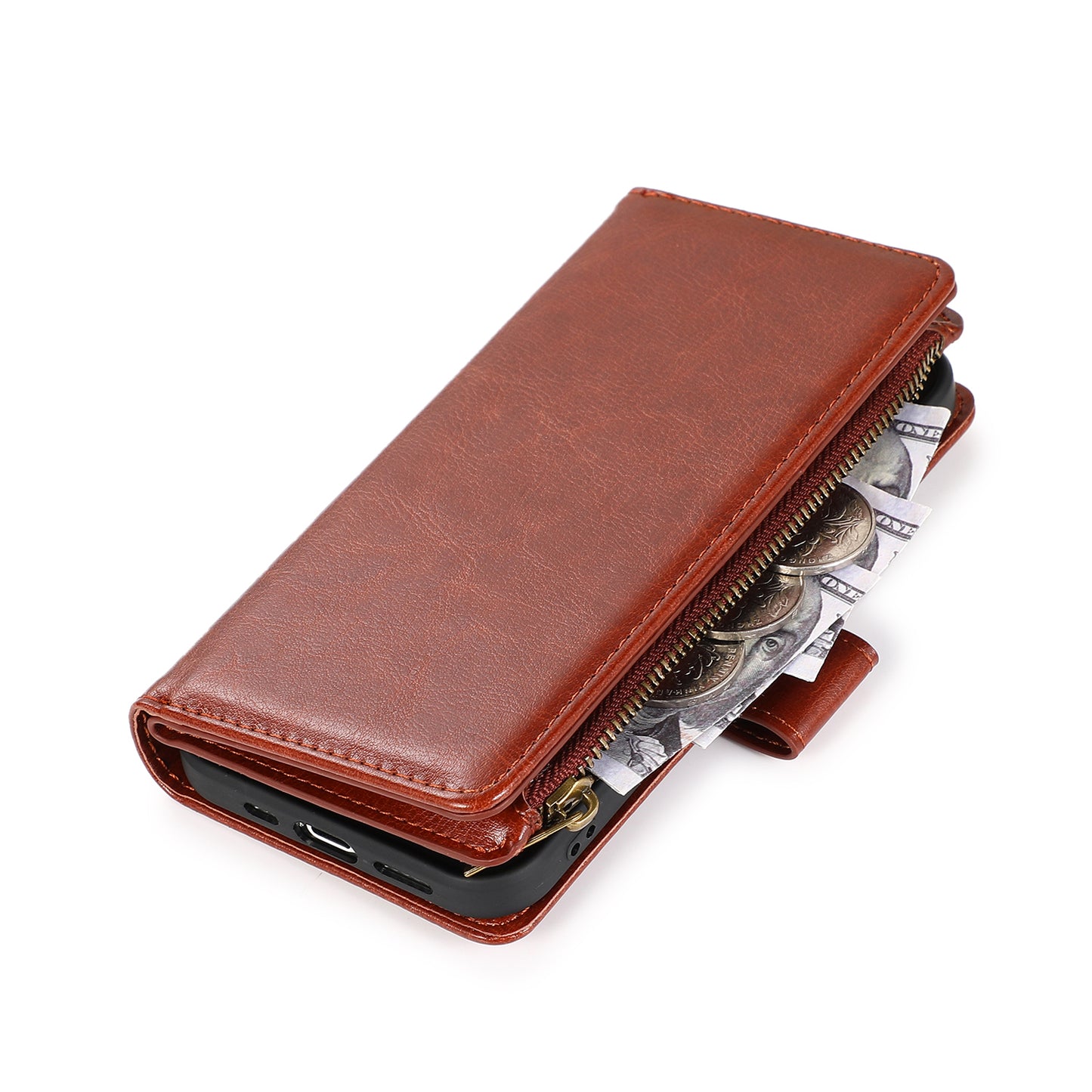 Samsung A53 5G Luxury Wallet Card ID Zipper Money Holder Case Cover - Brown (1103561)