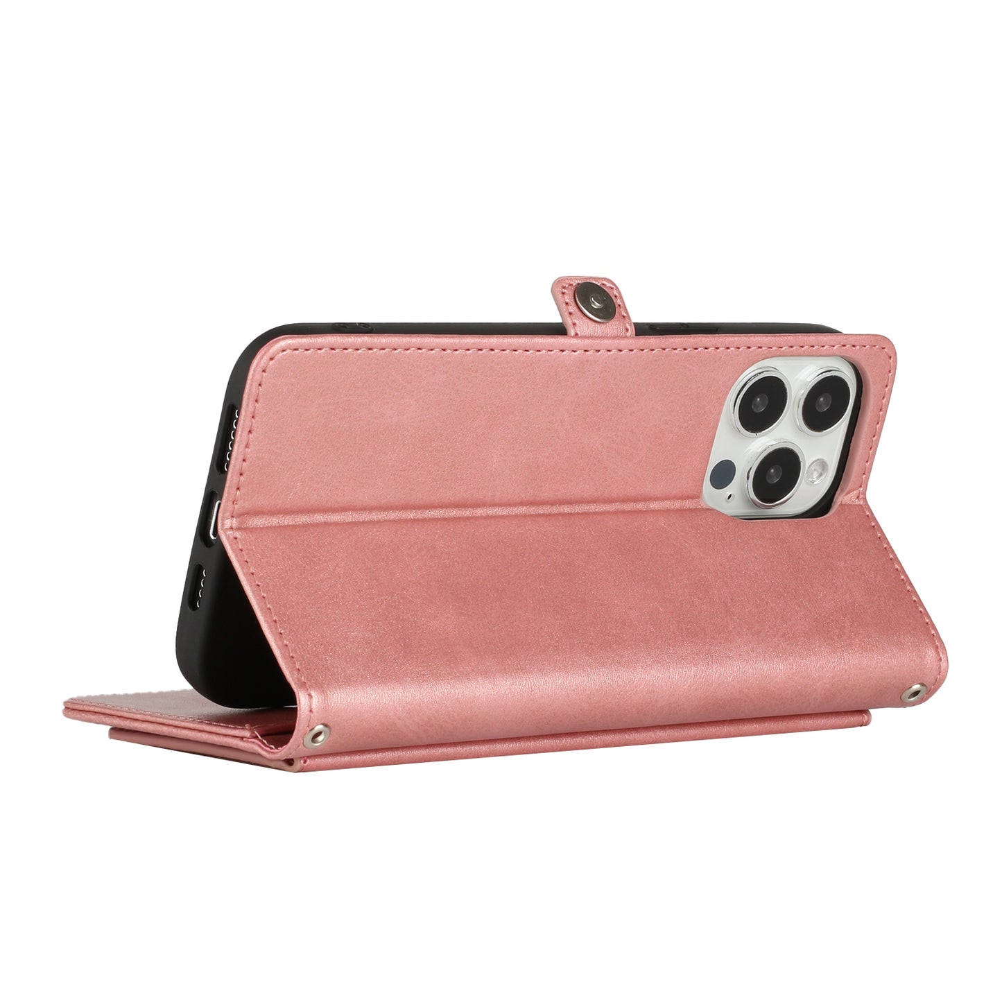 iPhone 15 Pro Max Wallet Premium PU Vegan Leather ID Multiple Card Holder Money with Strap - Rose Gold (1106180)