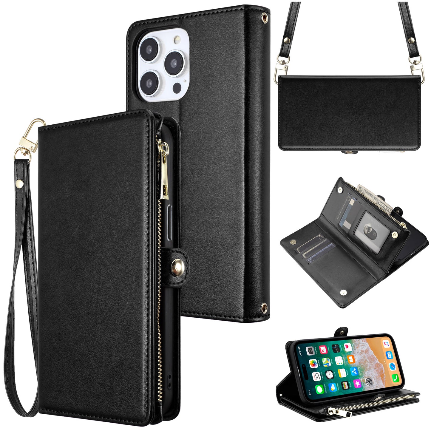Apple iPhone 11 (XI6.1) Purse Style Wallet Card ID Money Holder with Zip containing Long & Short Lanyard - Black (1107077)