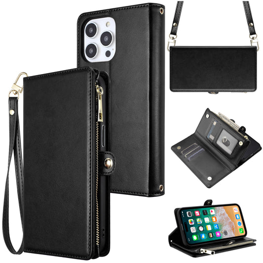 Apple iPhone 11 (XI6.1) Purse Style Wallet Card ID Money Holder with Zip containing Long & Short Lanyard - Black (1107077)