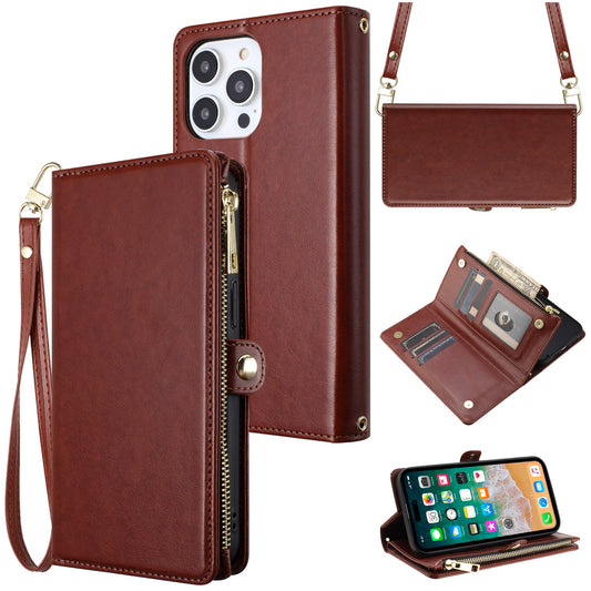 Apple iPhone 11 (XI6.1) Purse Style Wallet Card ID Money Holder with Zip containing Long & Short Lanyard - Brown (1107078)