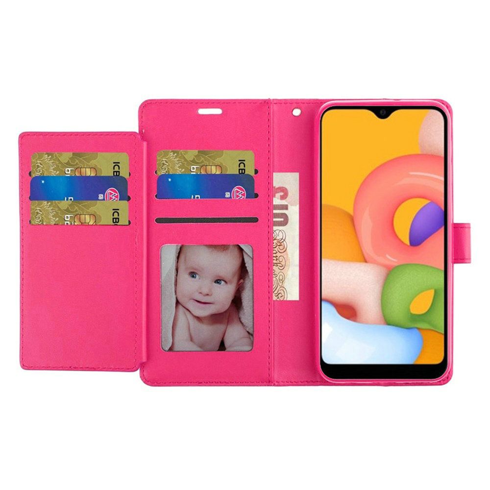 Samsung A01 Wristlet Magnetic Metal Snap Wallet with Two Row Credit Card Holder - Hot Pink (9762)
