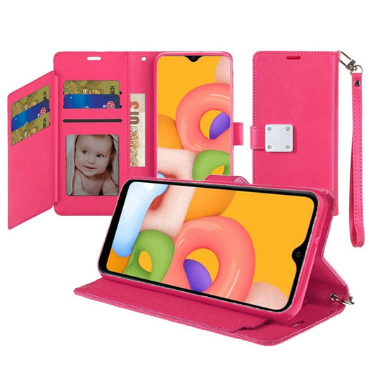 Samsung A01 Wristlet Magnetic Metal Snap Wallet with Two Row Credit Card Holder - Hot Pink (9762)