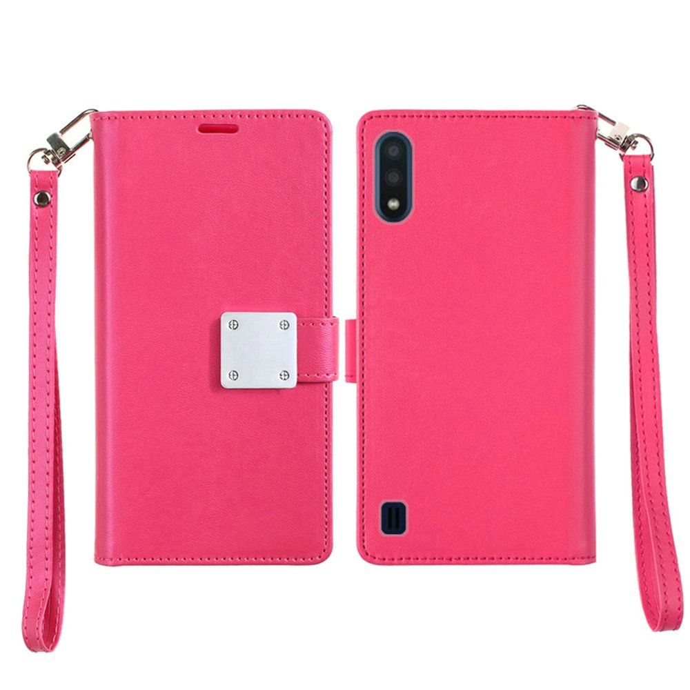 Samsung A01 Wristlet Magnetic Metal Snap Wallet with Two Row Credit Card Holder - Hot Pink (9762)