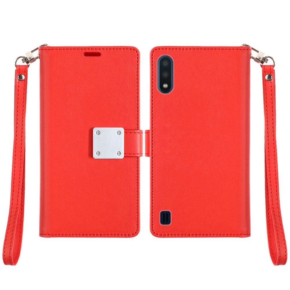 Samsung A01 Wristlet Magnetic Metal Snap Wallet with Two Row Credit Card Holder - Red (9763)