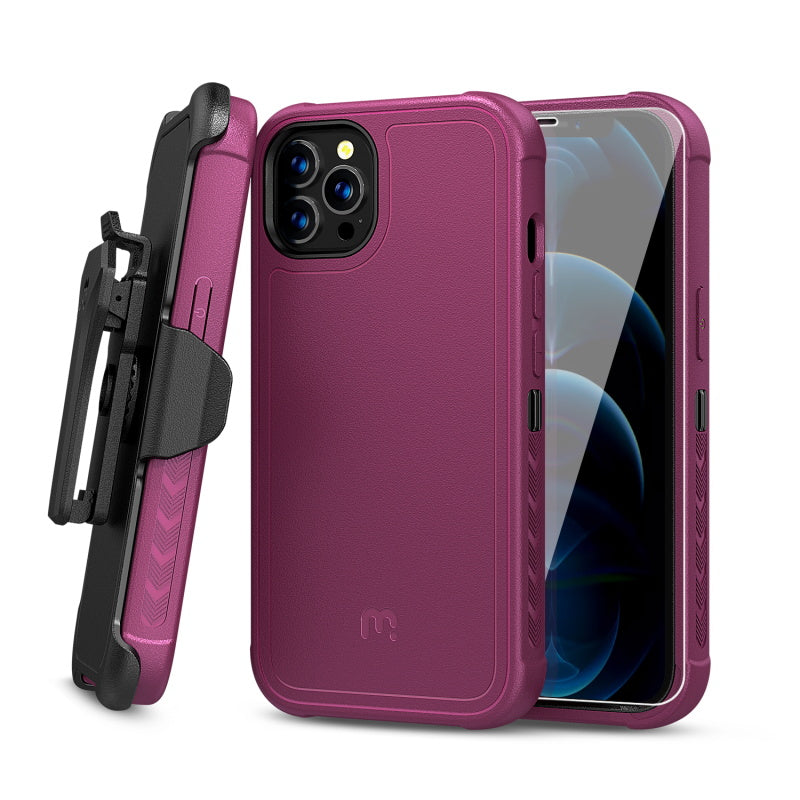 MyBat Pro Antimicrobial Maverick Series Case with Holster and Tempered Glass for Apple iPhone 12 / 12 Pro (6.1) - Plum / Black (1106465)