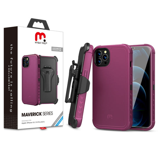 MyBat Pro Antimicrobial Maverick Series Case with Holster and Tempered Glass for Apple iPhone 12 / 12 Pro (6.1) - Plum / Black (1106465)